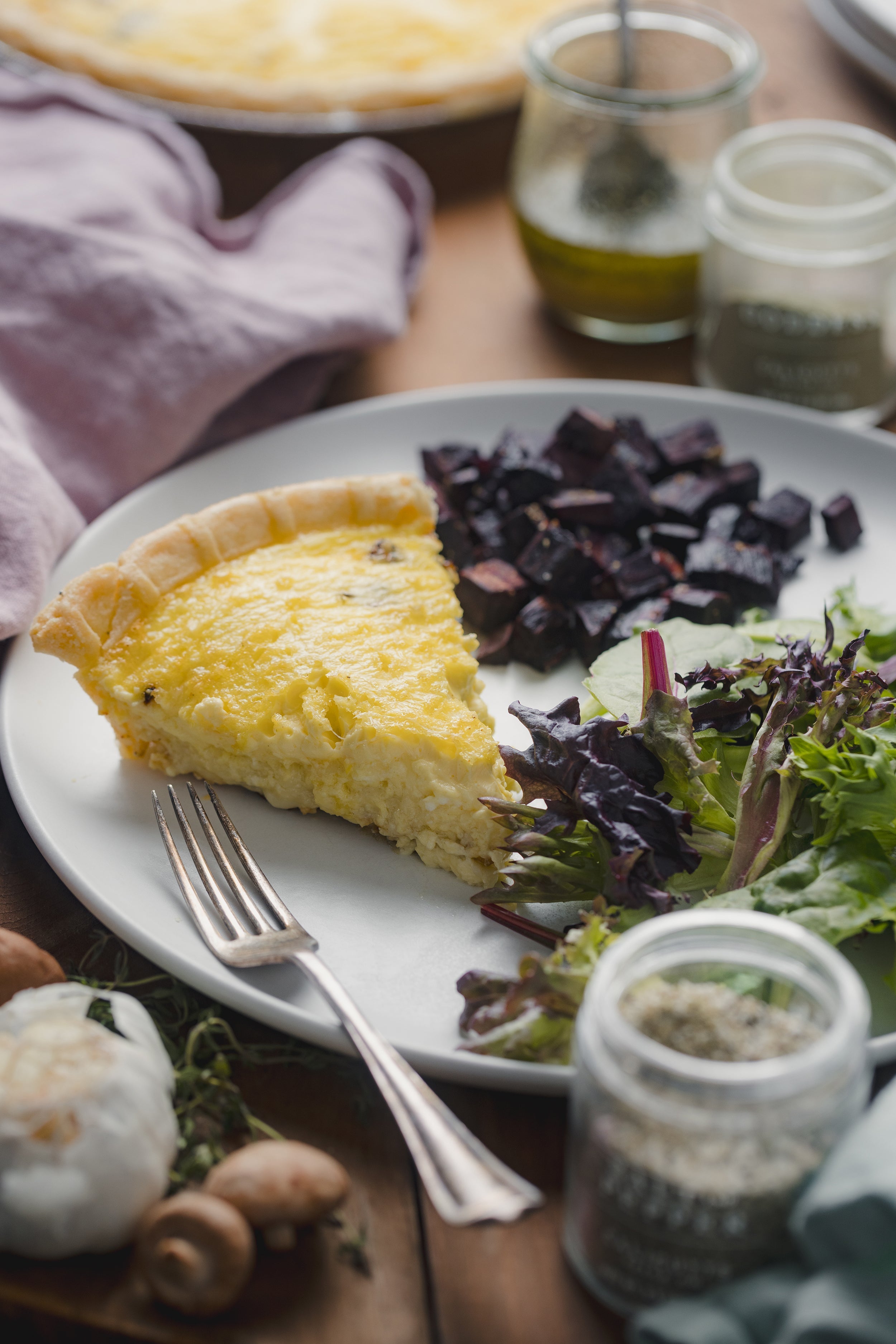 Mushroom & Gruyere Quiche, Mixed Green Salad, and Roasted Potatoes