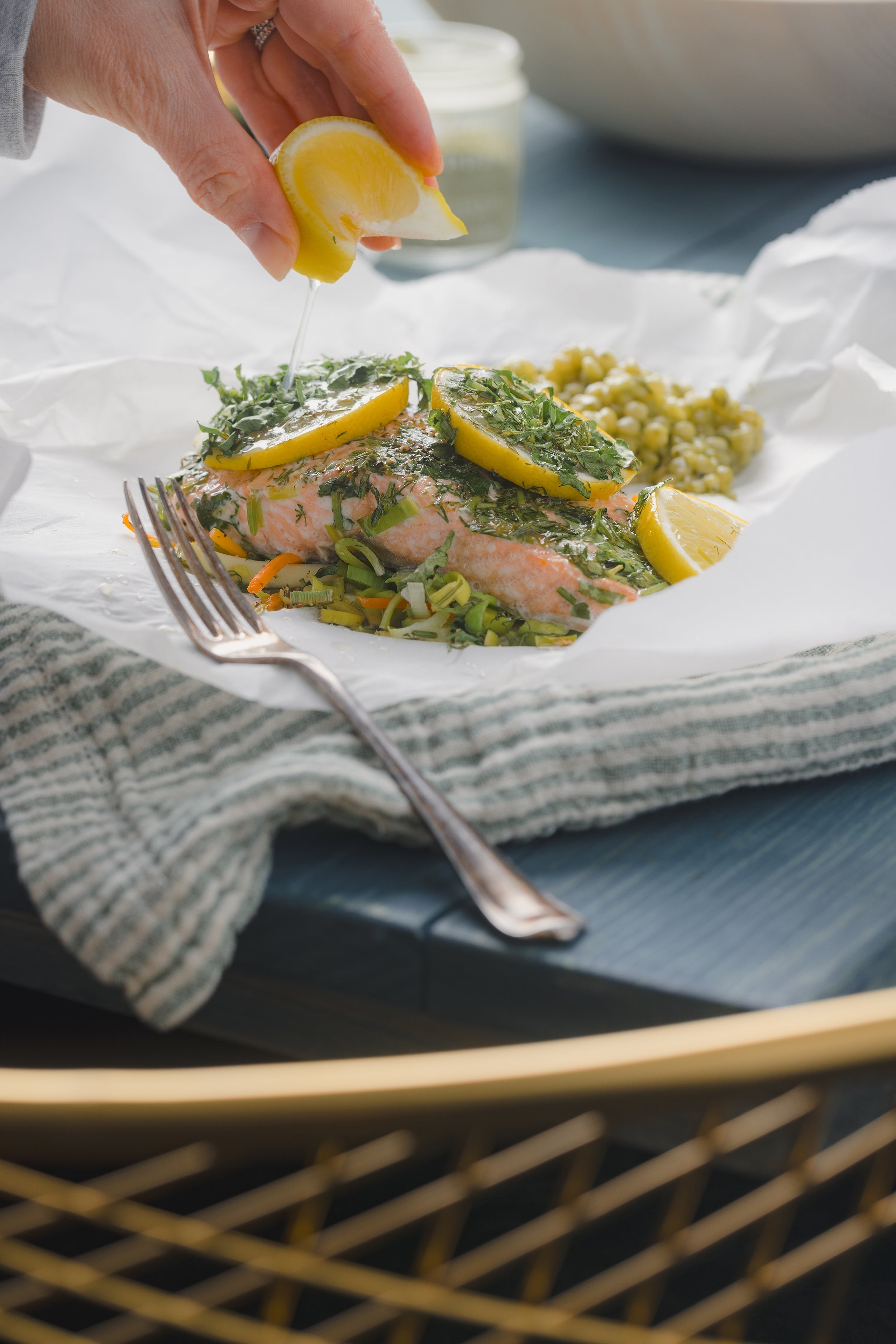 Salmon en Paillote with Fresh Vegetables and Herbed Couscous