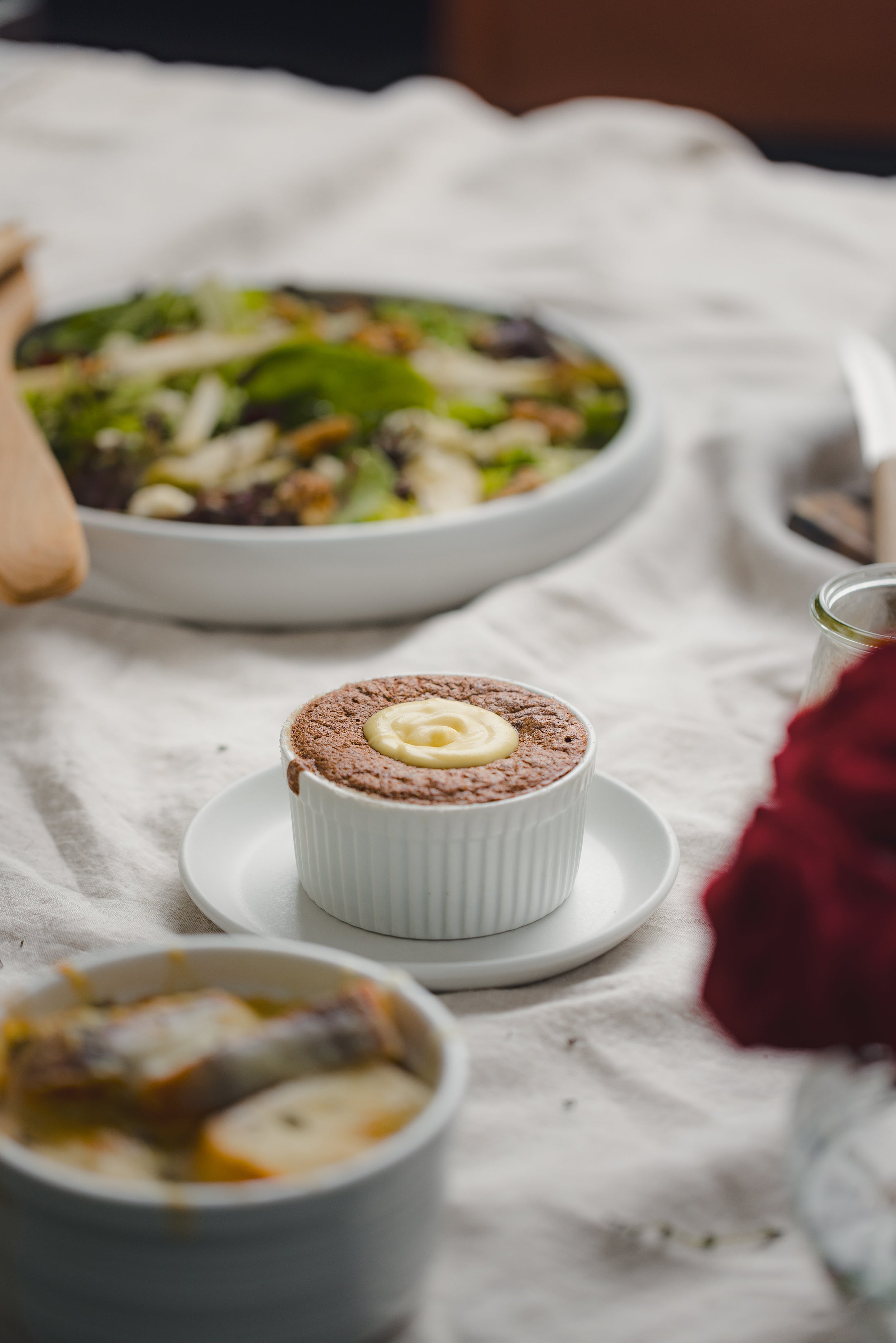 Dark Chocolate Souffle with Vanilla Bean Creme Anglaise