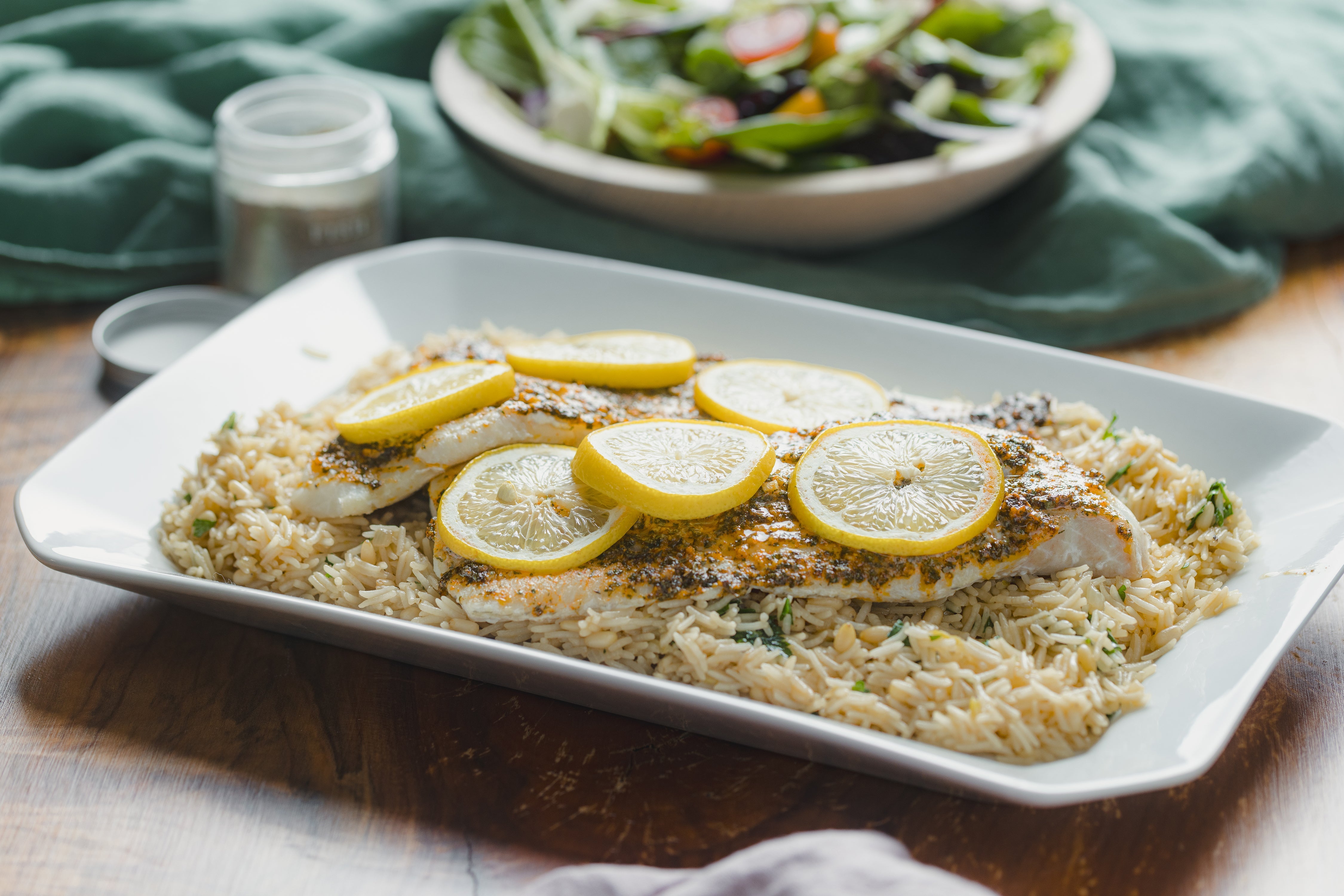 Herb Roasted Fish with Lemon Rice Pilaf & Greek Salad